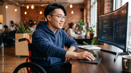 young asian man in wheelchair coding at home office with large monitor