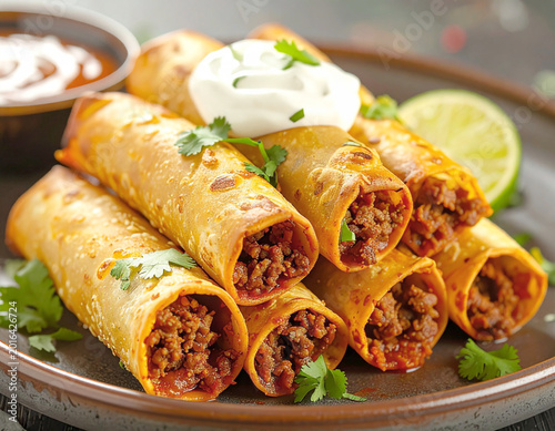 Beef taquitos piled on a plate, closeup. AI