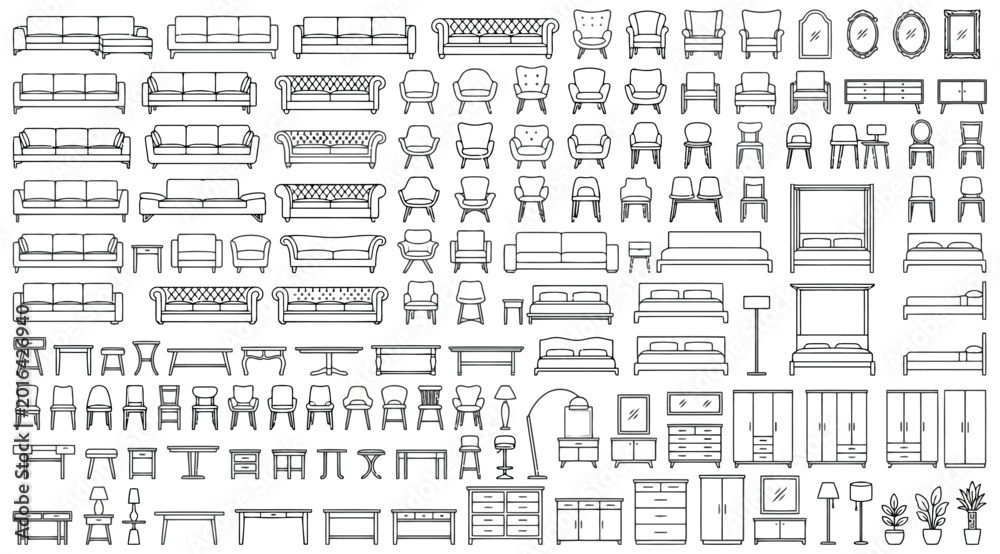 Obraz premium Large collection of furniture line art icons, interior design elements