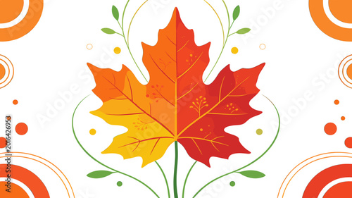 A vibrant, stylized maple leaf illustration with a gradient of warm autumn colors, surrounded by delicate green vines and orange circular patterns on a clean white background.