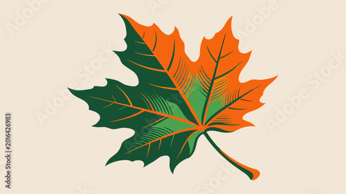 A stylized maple leaf illustration, split vertically with one half vibrant green and the other half warm orange, set against a light background.