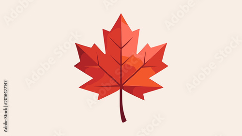 A stylized, vibrant red maple leaf with sharp points and a gradient of color, set against a plain, light-colored background.