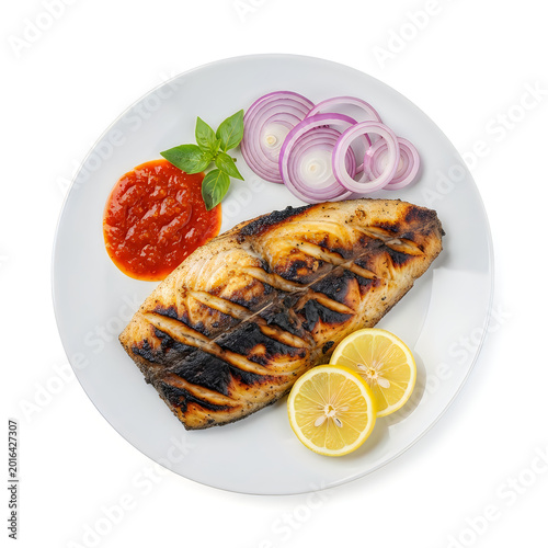 Grilled chicken breast fillet with tomato sauce lemon and red onion