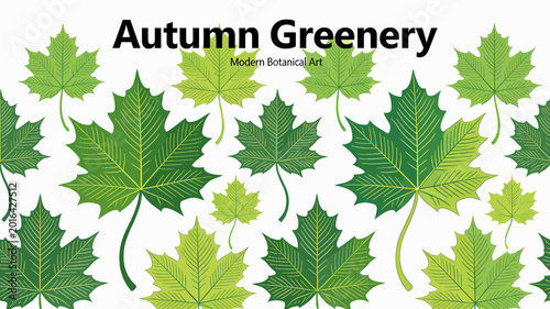 A vibrant pattern of various green maple leaves on a white background, showcasing modern botanical art with an autumn theme.