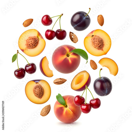 Fresh peaches plums and cherries mix with almonds on a round shape