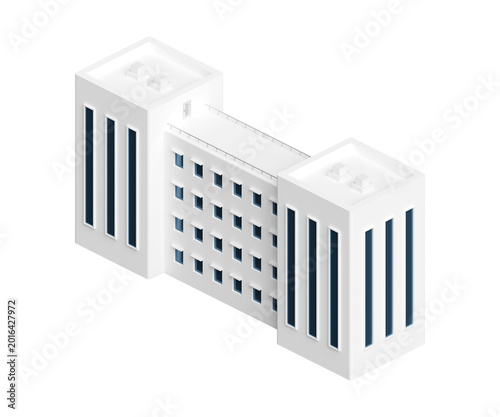 Isometric white modern office building with blue glass windows architectural 3D skyscraper icon illustration for urban city map infographic real estate business. Transparent background.