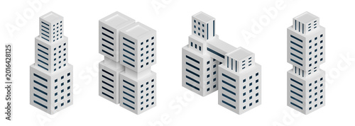 Set of modern isometric white office building icons with windows and skybridge architectural 3D skyscraper illustration for urban city map infographic real estate. Transparent background