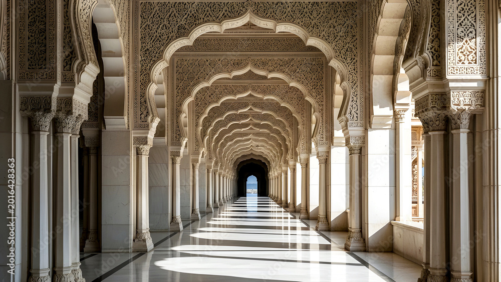 Fototapeta premium Sunlit Islamic Arched Corridor with Marble Columns and Patterns