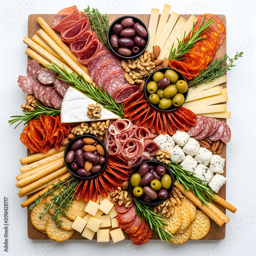Delicious charcuterie board with cheese meat olives and bread sticks