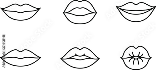 Stylized lip line drawings showing diverse mouth shapes and facial expressions for anatomy, emotion, and artistic design concepts