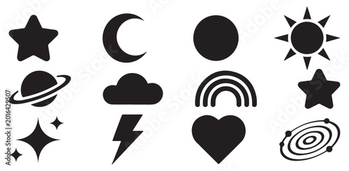 Bilde på lerret Variety of simple and stylized icons featuring celestial bodies and weather elements