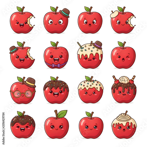 Set of cute kawaii red apple characters with various expressions and snacks