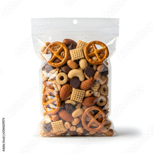 Clear plastic bag filled with salty snack mix and pretzels