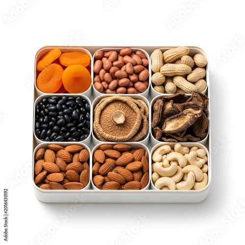 Assorted nuts and dried fruits in a square divided serving tray