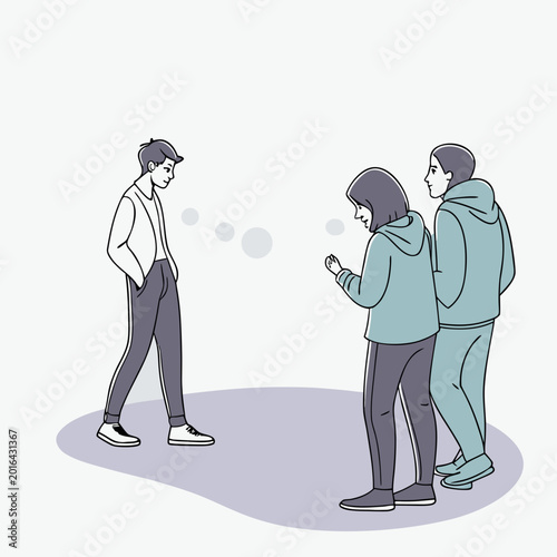 Tableau sur toile Man standing alone while two people ignore him on their phones two people ignori
