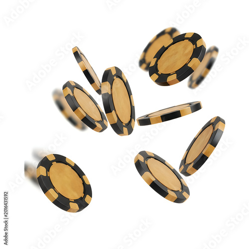 Black and gold casino poker chips falling down in the air