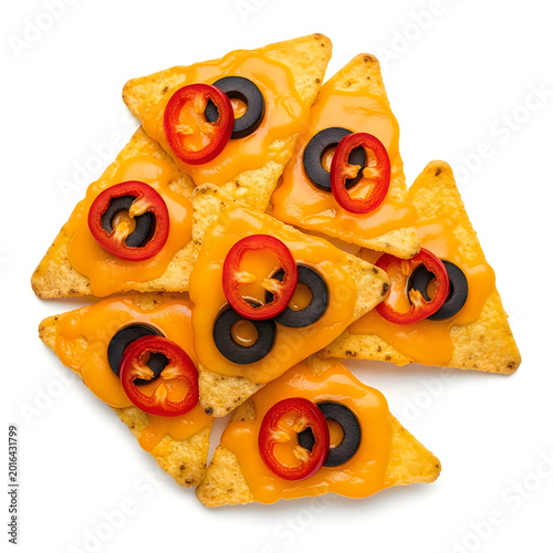 Tasty corn nachos with black olives and red pepper slices