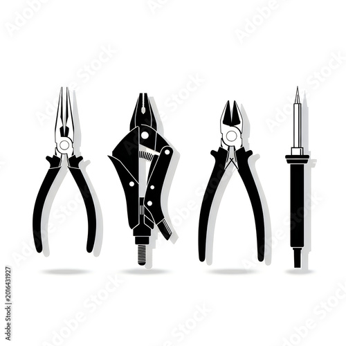 Set of manual hand tools including pliers and soldering iron equipment