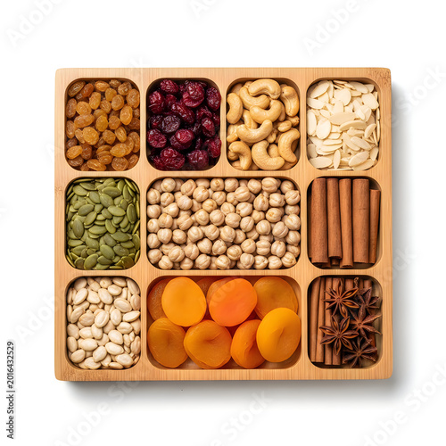 Assorted nuts dried fruits and spices in a wooden box top view