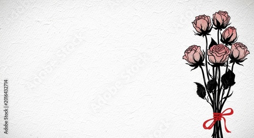 Bunch of pink roses tied with red ribbon on white textured background ideal for greeting cards and floral designs with copy space