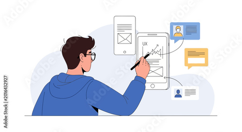UX designer sketching app interface on smartphone screen with stylus
