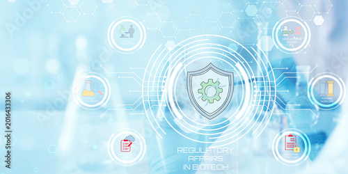 Foto Biotechnology regulatory affairs concept art showcasing a digital shield with a