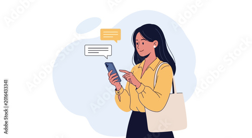 Woman texting on smartphone, communication, chat bubbles, digital connection
