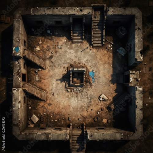 Top-down view of a ruined concrete structure. Crumbling walls, cracked ground, and debris indicate a desolate wasteland. This scene is ideal for tabletop RPGs, wargames, or post-apocalyptic settings.