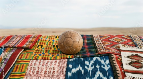A vintage soccer ball rests on a colorful collection of diverse patterned textiles outdoors