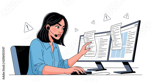 Woman working on computer with attention alerts, cybersecurity, multitasking concept