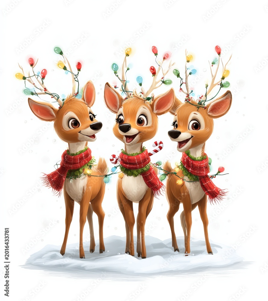 Obraz premium Three Adorable Cartoon Reindeer Wearing Festive Scarves and Christmas Lights on Antlers