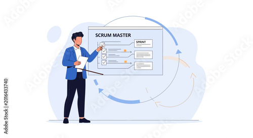 Scrum master explains agile process on whiteboard illustration