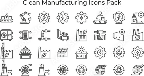 A collection of various clean manufacturing and sustainable industrial process icons displayed in a simple outline style on transparent background