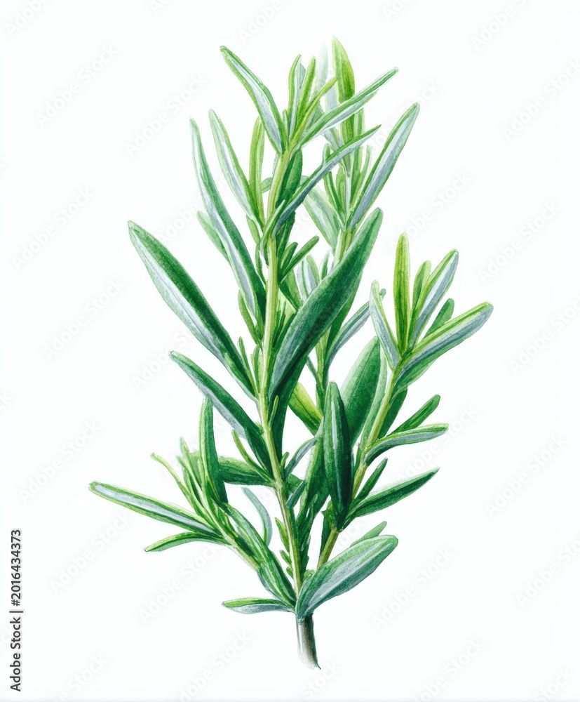 Fototapeta premium Fresh green rosemary herb sprig with needle-like leaves, isolated on a white background, ideal for culinary and medicinal use