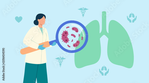 Foto Healthcare professional examining lung microbes with magnifying glass