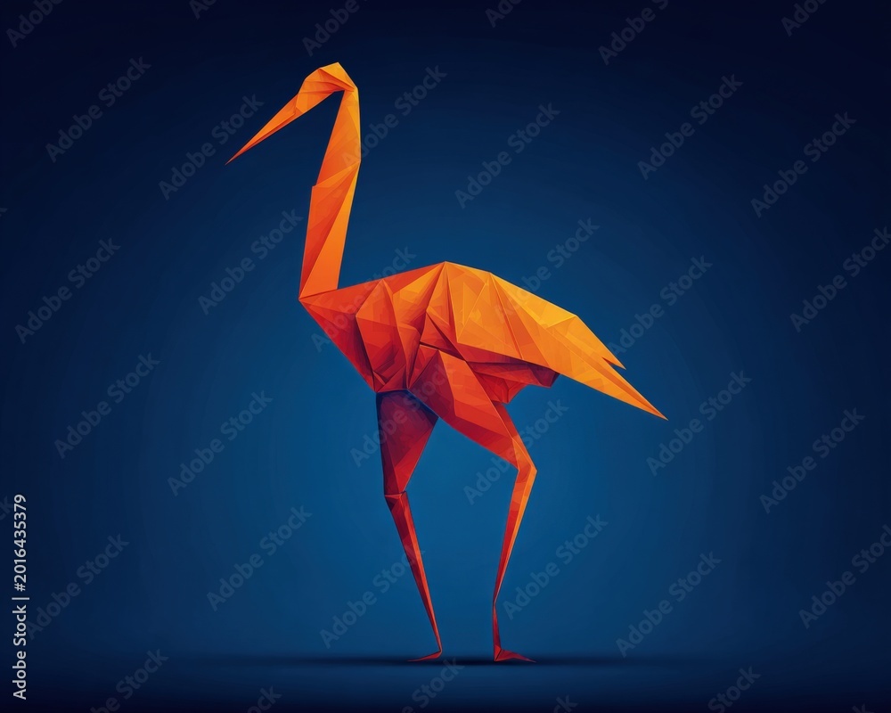 Fototapeta premium Vibrant Orange Origami Crane Sculpture Standing Tall Against Deep Blue Background