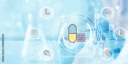 Modern digital illustration showcasing pharmacogenomics with pill chemical structure and futuristic medical icons connected by network lines