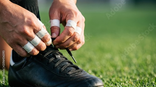 Athlete with taped fingers tying laces on a black soccer cleat on a green field