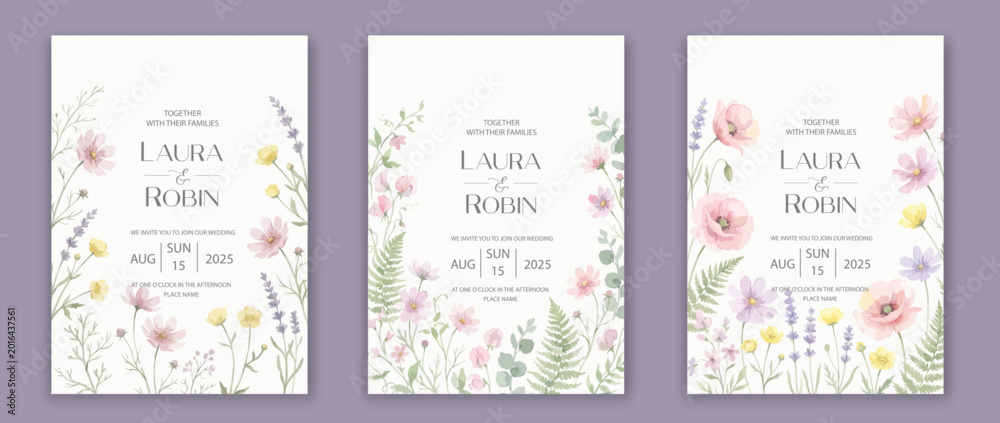 Naklejka premium Wedding card template with wild herbs and flowers.