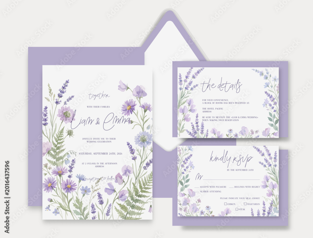 Obraz premium Wedding card template with wild herbs and flowers.
