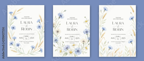 Wedding card template with wild herbs and flowers cornflowers and daisies.