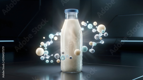 Futuristic probiotic milk bottle surrounded by glowing molecule spheres