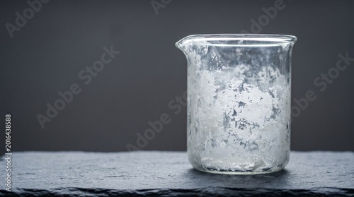 Empty glass laboratory beaker with white crystalline residue on dark slate background Concept of scientific research water evaporation and mineral deposit analysis