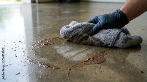 A gloved hand wipes a wet soiled concrete floor with a fuzzy gray towel