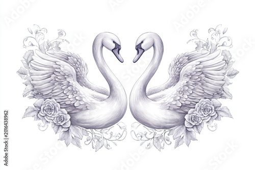 Decorative Swan Pair With Botanical Ornament, Romantic Symmetrical Vector Illustration Isolated On White