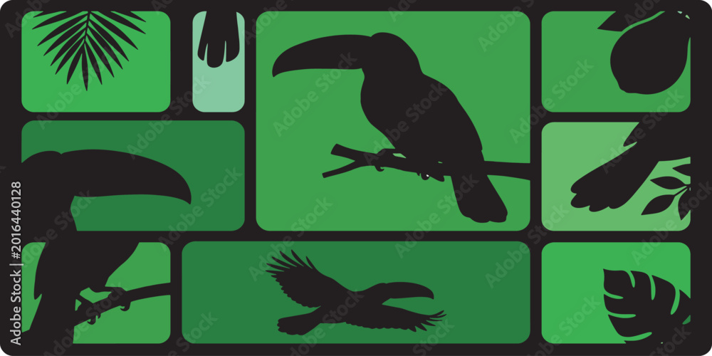 Obraz premium Toucans and tropical plants silhouettes in green and black blocks, a jungle-themed design.