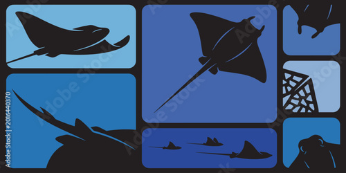 Photos Stylized silhouettes of manta rays and other marine life in a blue and black underwater scene