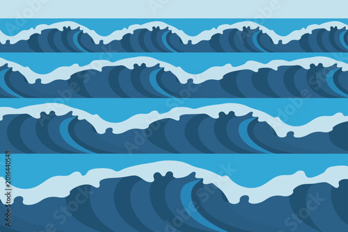 Four horizontal rows of crashing ocean waves with white foam on a blue background vector illustration