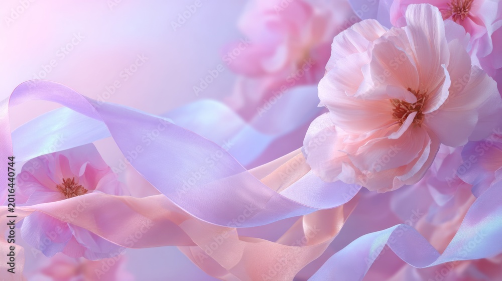 Fototapeta premium Soft Floral Background with Glowing Ribbons and Delicate Pink Flowers in a Serene Daylight Setting