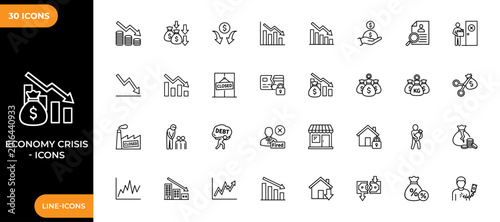 Cuadro en lienzo 経済危機を示す線アイコンセット。景気後退を表すベクターアイコン。ベクターイラスト。